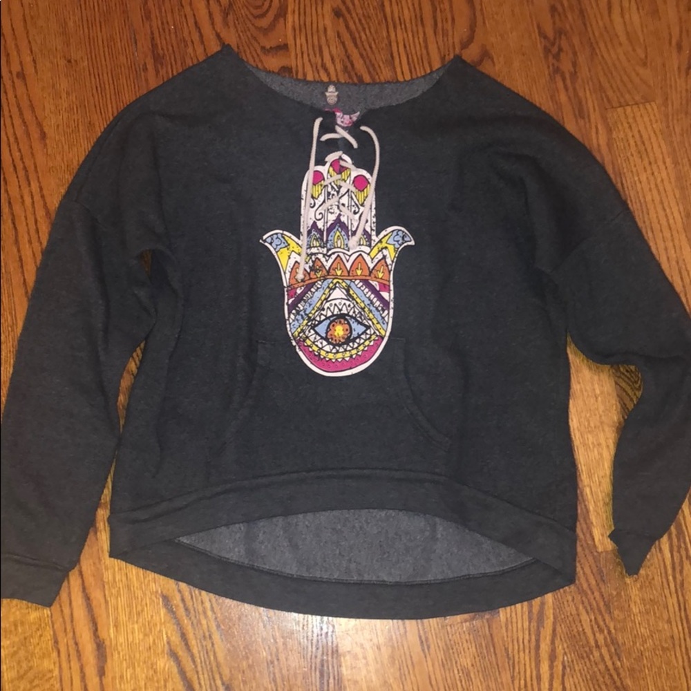 High-Low Grey Hamsa Lace Up Sweater Women’s Small
